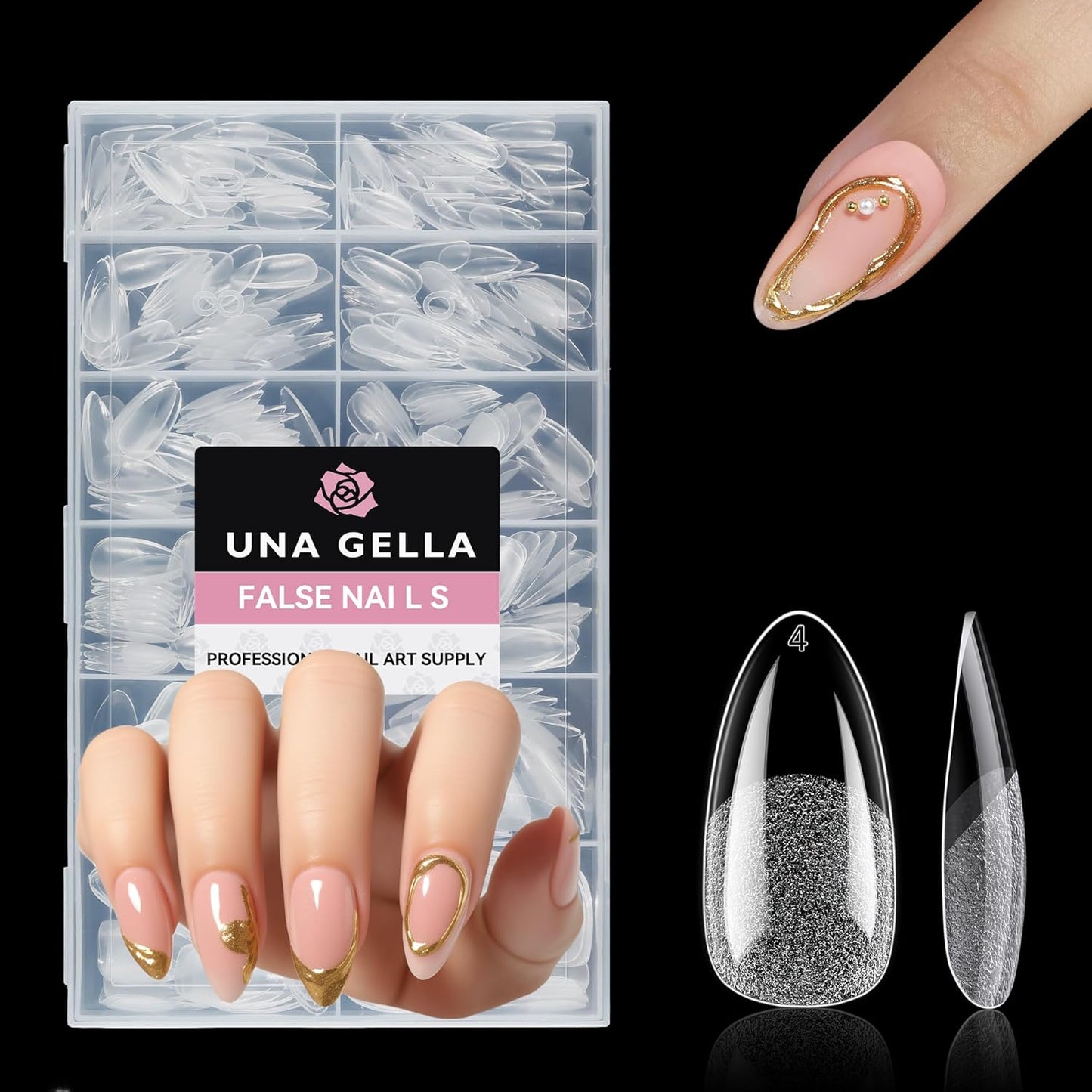 UNA GELLA Medium Almond Nail Tips, 312pcs Almond Gel Nails Tips Shape Pre Etched Full Cover Clear Fake Acrylic Pointed Press On Nails No C Curve for Nail Extension Art DIY Salon 12 Sizes-Velvo Beauty