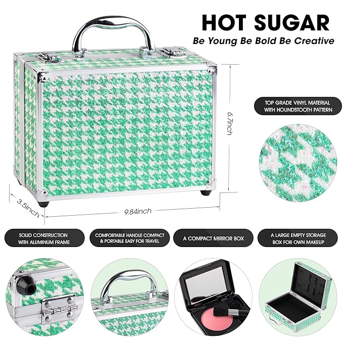 Hot Sugar Teen Makeup Kit for Girls 10-13 Full Starter Cosmetics Set with Eye Shadow Lip Balm Blush Lip Gloss Brush Lip Pencil Eye Pencil and Mirror (GREEN HOUNDSTOOTH)-Velvo Beauty
