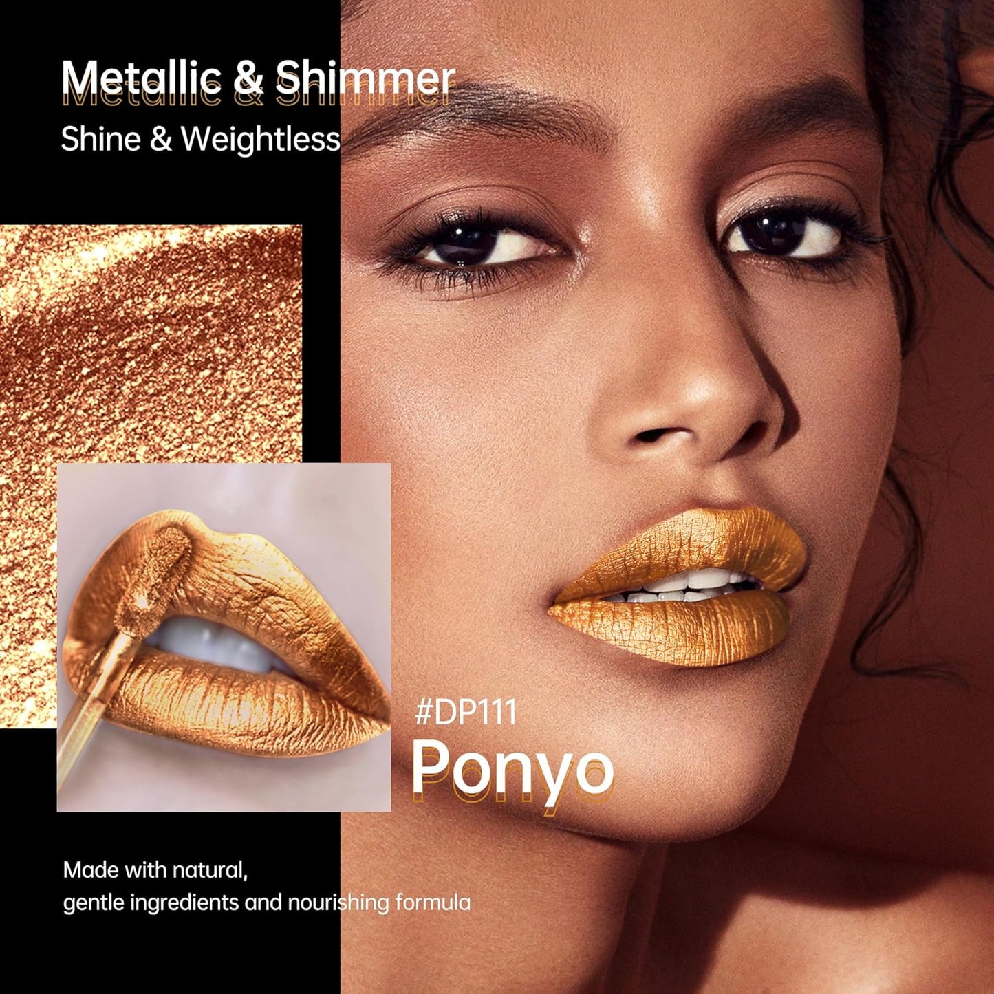 Gold Lipsticks for Women Metallic Lipstick Long Lasting Non Stick Cup Lip Gloss, Shimmer Lightweight Hydrating Full Coverage Lip Color,DP111 Ponyo-Velvo Beauty