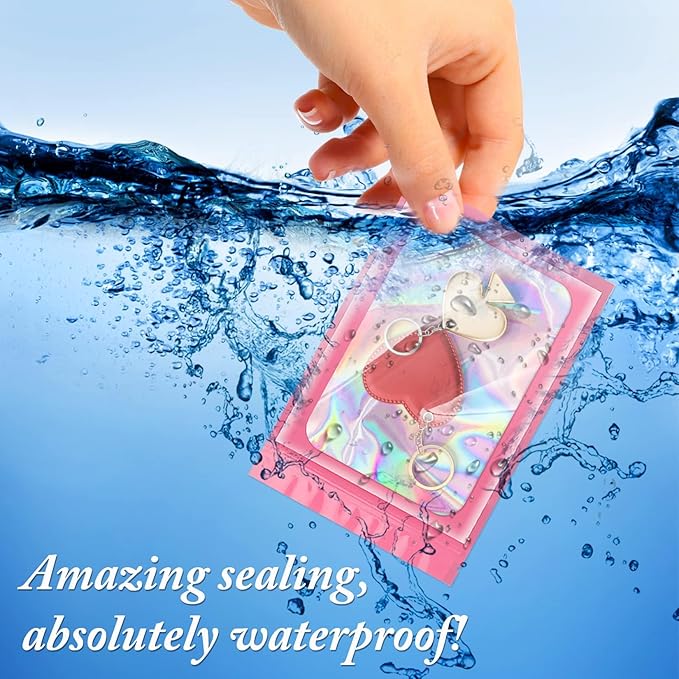 ANZNKU 100 Pcs Smell Proof Mylar Resealable Bags, Holographic Packaging Bags, Resealable Odor Foil Pouch Zip Bag with Clear Window for Food Storage and Lipgloss, Jewelry Lash(Pink, 4.7 x 7.9 Inch)-Velvo Beauty