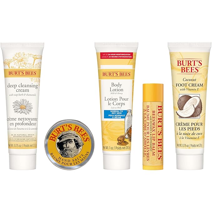 Burt's Bees Back to School Gifts Ideas, 5 Body Care College Dorm Products, Everyday Essentials Set - Original Beeswax Lip Balm, Deep Cleansing Cream, Hand Salve, Body Lotion & Foot Cream, Travel Size-Velvo Beauty