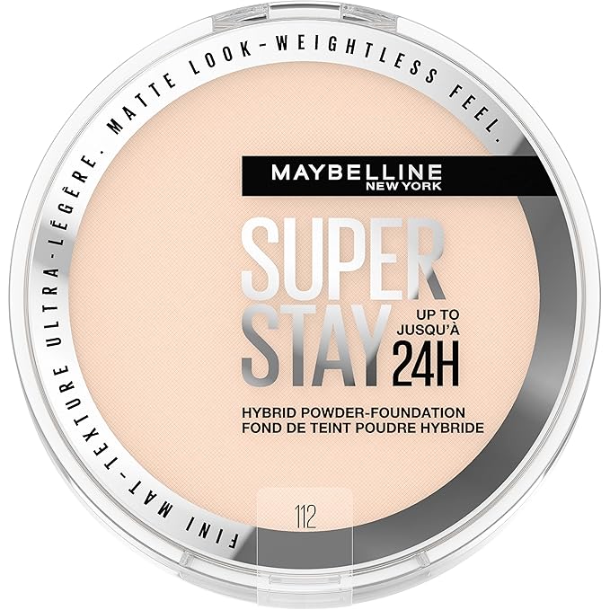 Maybelline Super Stay Up to 24HR Hybrid Powder-Foundation, Medium-to-Full Coverage Makeup, Matte Finish, 112, 1 Count-Velvo Beauty