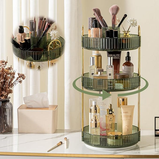 Rotating Makeup Organizer for Vanity, High-Capacity Skincare Clear Make Up Storage Perfume Organizers Cosmetic Dresser Organizer Countertop 360 Spinning (Green, New-3 Tier)-Velvo Beauty