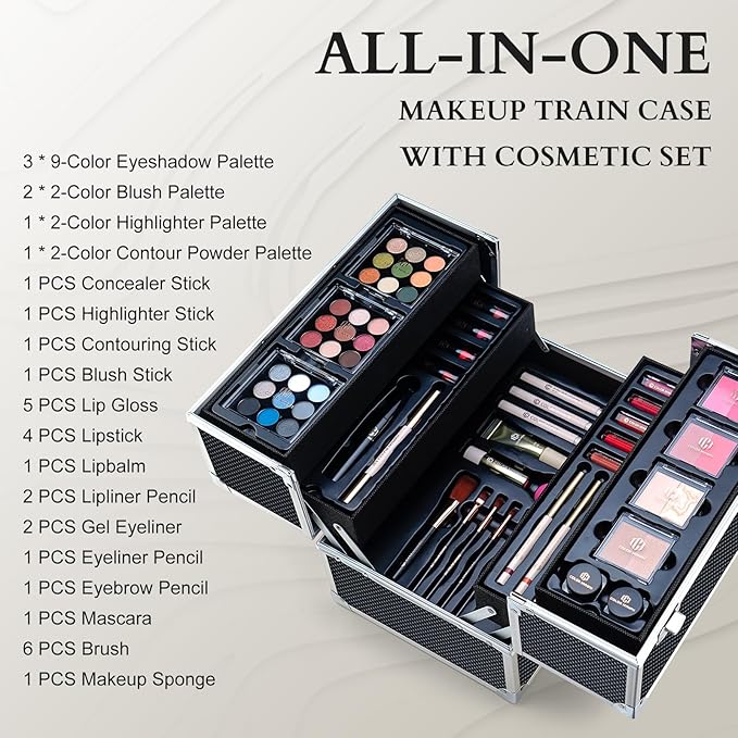Color Nymph Makeup Sets for Teens Girls Women, Professional Makeup Kits All In One Makeup Set Storage Train Case, Beginner Full Cosmetics Kit with Eyeshadow Blush Lipstick Lipgloss Mascara etc Black-Velvo Beauty