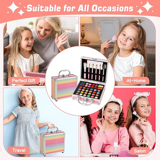 Anpro All-In-One Makeup Carry Case with Pro Teen Makeup Set, Full Starter Cosmetics Kit with Makeup Brushes, Eye Shadows Palette, Blushes, Glitter Gel, Temporary Tattoo Stickers - Colorful-Velvo Beauty