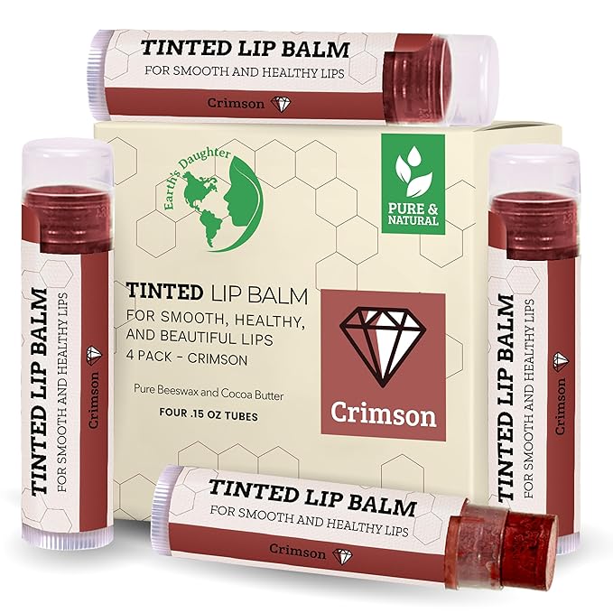 Tinted Lip Balm by Earth’s Daughter – 4 Pack of Crimson Color – Beeswax, Coconut Oil, Cocoa Butter, Vitamin E – Moisturize and Beautify – Paraben Free-Velvo Beauty
