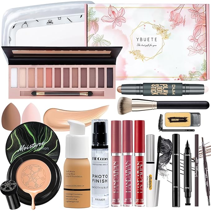 Makeup Kit Set for Women, Makeup Present for Women Teens Girl, Eyeshadow Palette Foundation CC Cream Primer Brush Spong Contour Lipstick Eyebrow Soap Mascara Eyeliner Cosmetic bag-Velvo Beauty