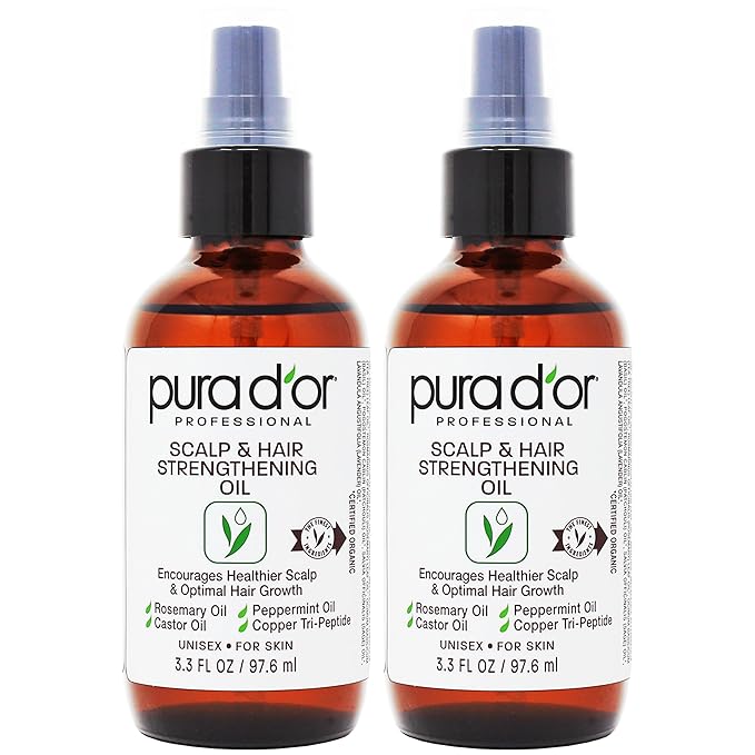 PURA D'OR Scalp & Hair Strengthening Oil (3.3oz x2 = 6.6oz) Supports Optimal Growth, Reduce Breakage, Nourish Roots for Healthier, Fuller, Thicker Hair - Rosemary, Castor & Peppermint Oil-Velvo Beauty