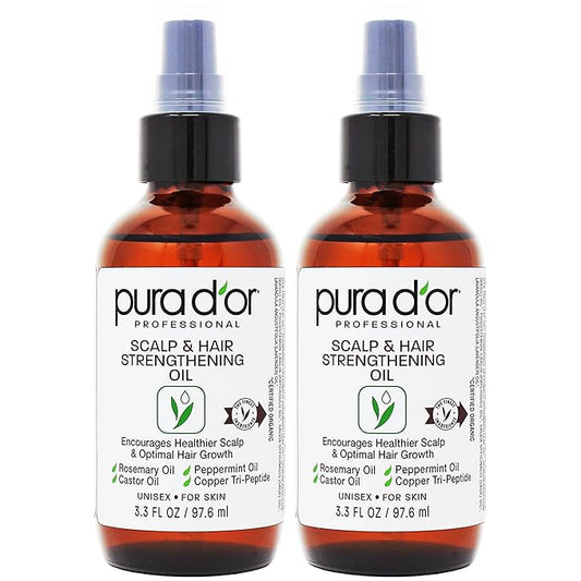 PURA D'OR Scalp & Hair Strengthening Oil (3.3oz x2 = 6.6oz) Supports Optimal Growth, Reduce Breakage, Nourish Roots for Healthier, Fuller, Thicker Hair - Rosemary, Castor & Peppermint Oil-Velvo Beauty