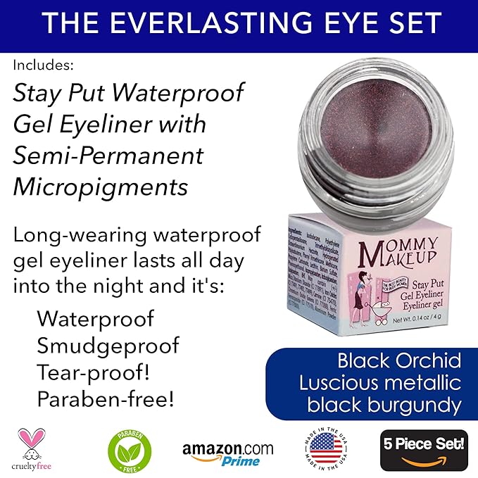 The Everlasting Eye 5 Piece Waterproof Makeup Set. Gel Eyeliner, Creme Eyeshadow, 2 brushes and Mesh Bag. Paraben-free, Talc-free, Cruelty-free. Duchess/Black Orchid 1708-Velvo Beauty