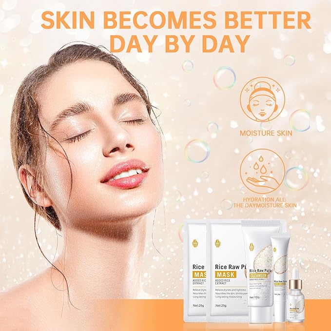 Rice Skin Care Sets For Women, 5/6Pcs Skin Care Kit, Moisturizing Skin Care Gift Set , Face Care Kit Inclusde Rice Mask, Cleanser, Toner, Lotion, Eyecream, Face Serum (5pcs Rice Raw Pulp)-Velvo Beauty
