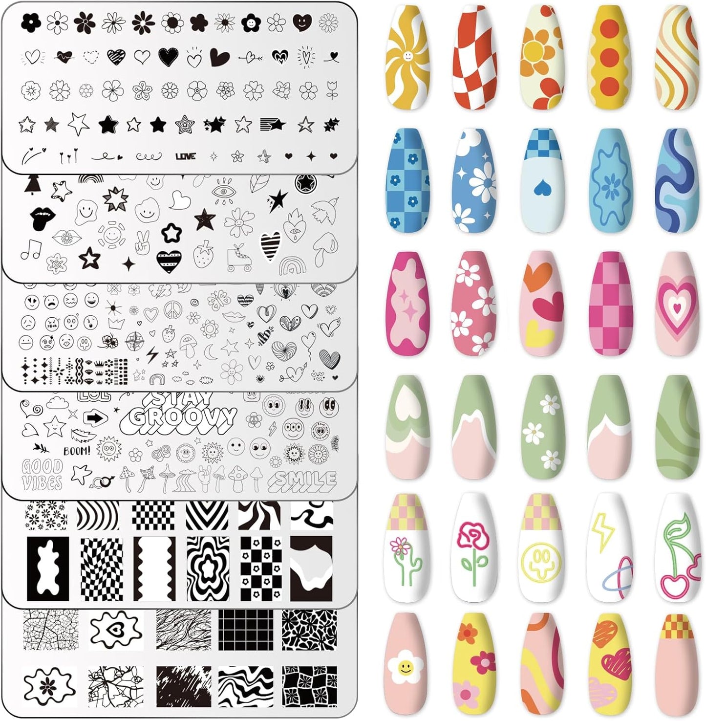 Whaline 6Pcs Preppy Nail Plates Stamping Set Heart Flower Butterfly Star Smiling Stamp Templates Groovy Nail Art Plates for DIY Print Manicure Salon Design Gift-Velvo Beauty