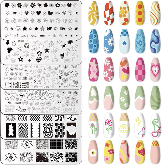 Whaline 6Pcs Preppy Nail Plates Stamping Set Heart Flower Butterfly Star Smiling Stamp Templates Groovy Nail Art Plates for DIY Print Manicure Salon Design Gift-Velvo Beauty