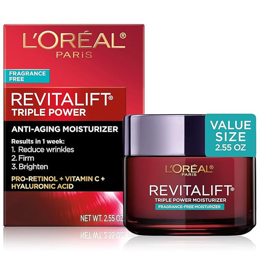 L'Oreal Paris Revitalift Triple Power Anti-Aging Face Moisturizer, Fragrance Free, Pro Retinol, Hyaluronic Acid & Vitamin C to Reduce Wrinkles, Firm & Brighten Skin, 2.55 Oz-Velvo Beauty