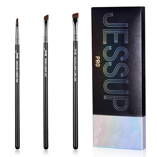 Jessup Angled Eyeliner Brush Set，3pcs Pro Precision Eye Liner Brush Fine Winged Ultra Thin Slanted Gel Liquid EyeLiner Makeup Brushes, Black T345-Velvo Beauty