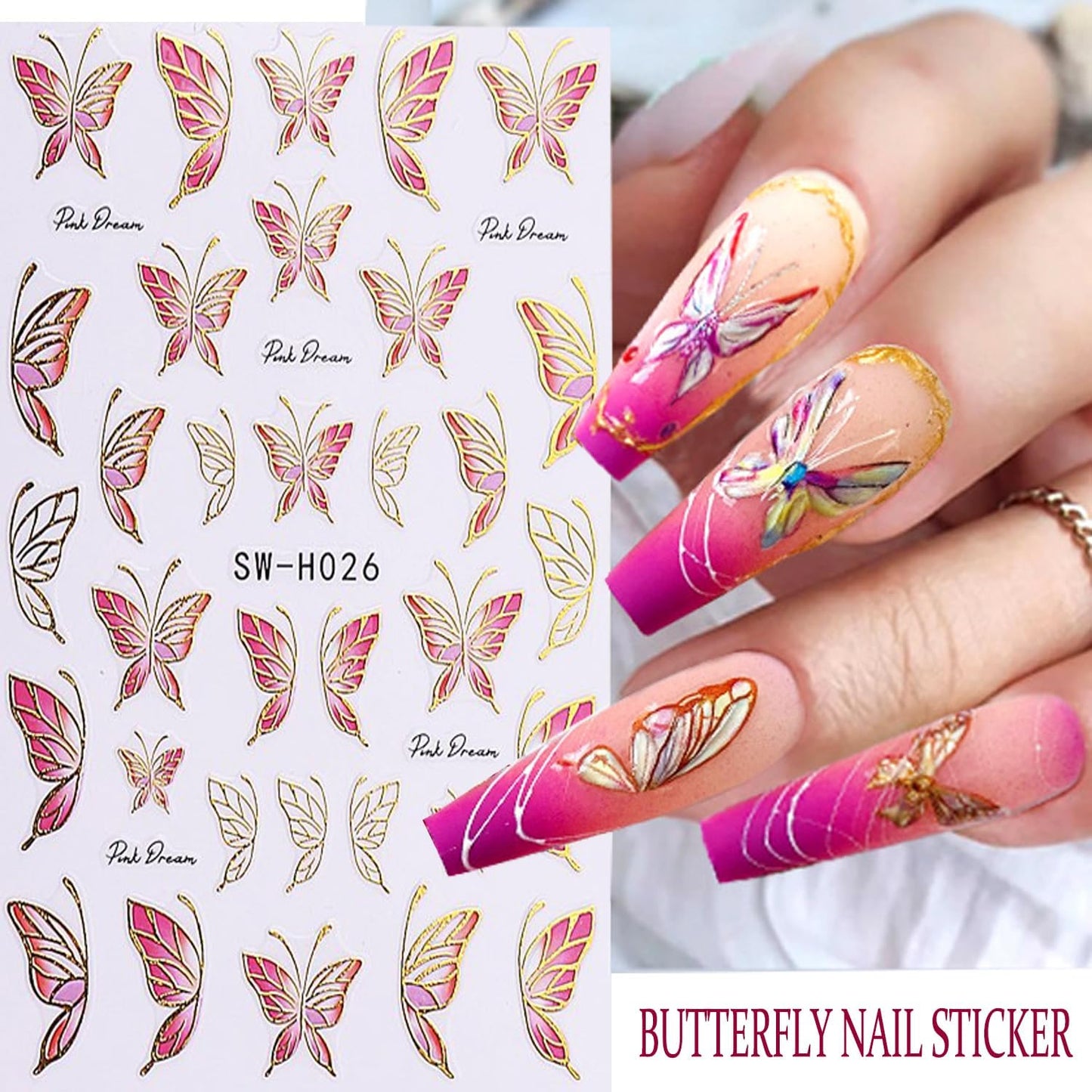 6Sheets Flower Nail Art Stickers 3D Self-Adhesive Nail Sticker Butterfly Nails Art Decals Holographic Floral Butterfly Nails Decal Decoration for Women Blue Blossom Manicure DIY Nail Supplies-Velvo Beauty