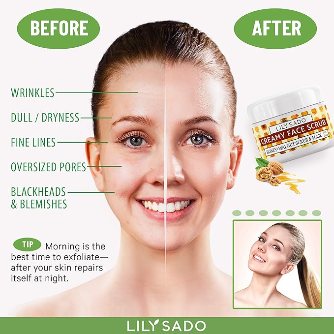LILY SADO HONEY WALNUT Creamy Face Scrub - Best Exfoliating Facial Cleanser for Women & Men - Gently Exfoliates, Softens & Energizes Skin, Treats Acne, Reduces Pore Size - For All Skin Types - 4 oz-Velvo Beauty