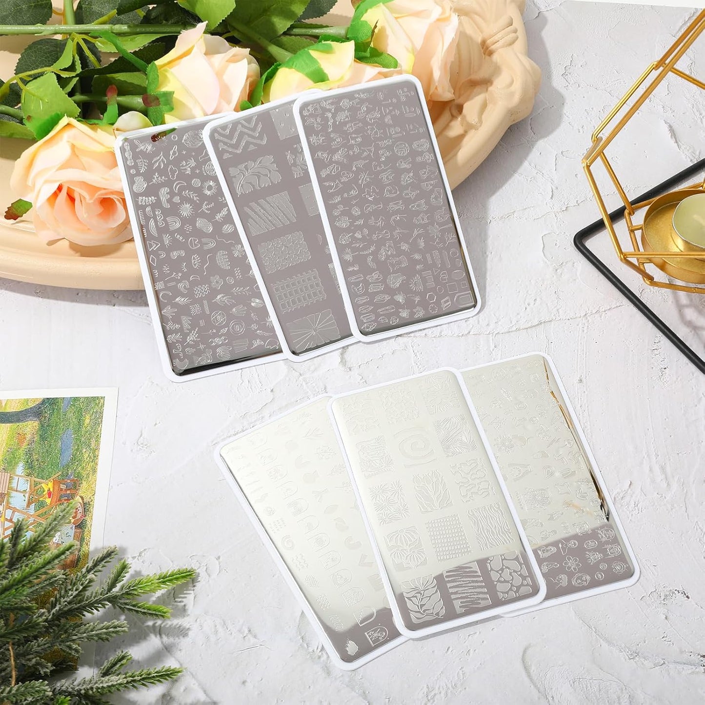 Whaline 6Pcs Abstract Lady Face Nail Plates Stamping Set Boho Plant Stamp Templates Nail Art Plates for DIY Print Manicure Salon Design Gift Supplies-Velvo Beauty