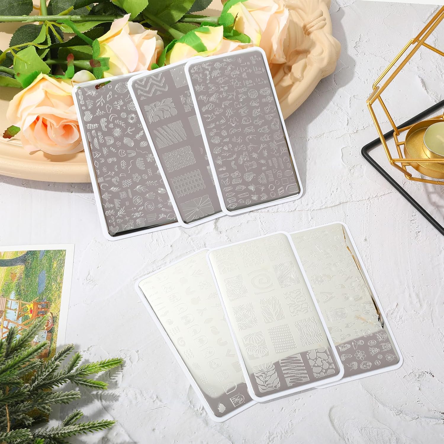 Whaline 6Pcs Abstract Lady Face Nail Plates Stamping Set Boho Plant Stamp Templates Nail Art Plates for DIY Print Manicure Salon Design Gift Supplies-Velvo Beauty