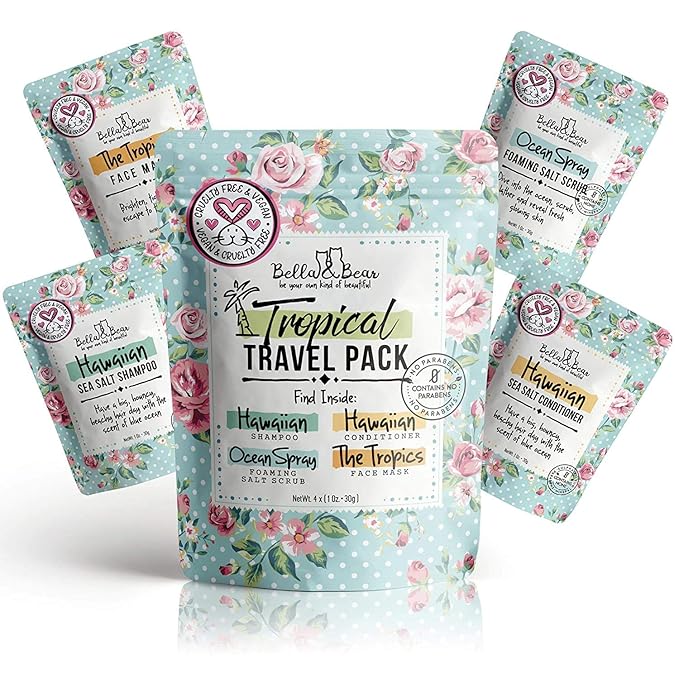 Bella & Bear Tropical Travel Pack, Self Care Kit, Includes Cruelty Free Shampoo, Conditioner, Body Scrub, Face Mask,1oz, Pack of 4-Velvo Beauty
