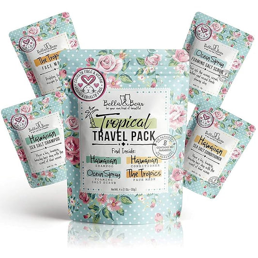 Bella & Bear Tropical Travel Pack, Self Care Kit, Includes Cruelty Free Shampoo, Conditioner, Body Scrub, Face Mask,1oz, Pack of 4-Velvo Beauty