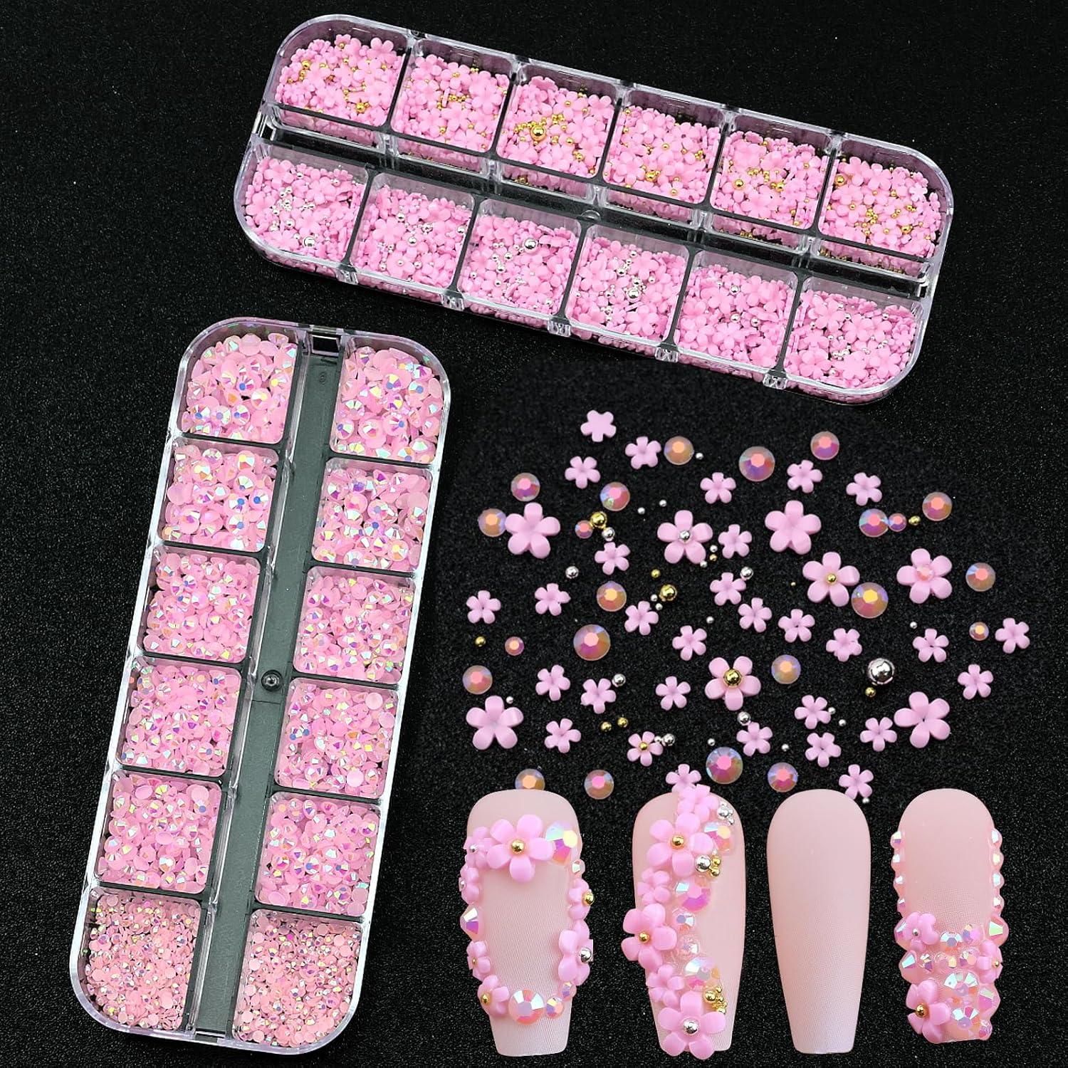 Flatback Nail Art Rhinestones Flower Nail Charms with AB Rhinestones Glue Gel Pink Nail Supplies Accessories Gems Resin Rhinestones for Bedazzling Crafting & Women Nails Design Decor-Velvo Beauty