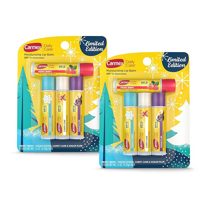 Carmex Daily Care Moisturizing Lip Balm Limited Edition Holiday Stick Pack in Sugar Plum, Candy Cane, Sugar Cookie and Merry Berry - 0.15 OZ each, 4 count (Pack of 2)-Velvo Beauty