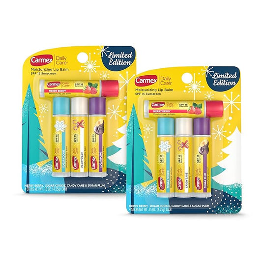 Carmex Daily Care Moisturizing Lip Balm Limited Edition Holiday Stick Pack in Sugar Plum, Candy Cane, Sugar Cookie and Merry Berry - 0.15 OZ each, 4 count (Pack of 2)-Velvo Beauty