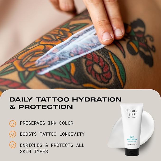 Stories & Ink Tattoo Care | DAILY MOISTURIZER for healed skin - with Advanced UV Ink Protection to Prevent Tattoo Fading, Protects & Hydrates Healed Tattoos, 200 mL / 6.8 Fl Oz-Velvo Beauty