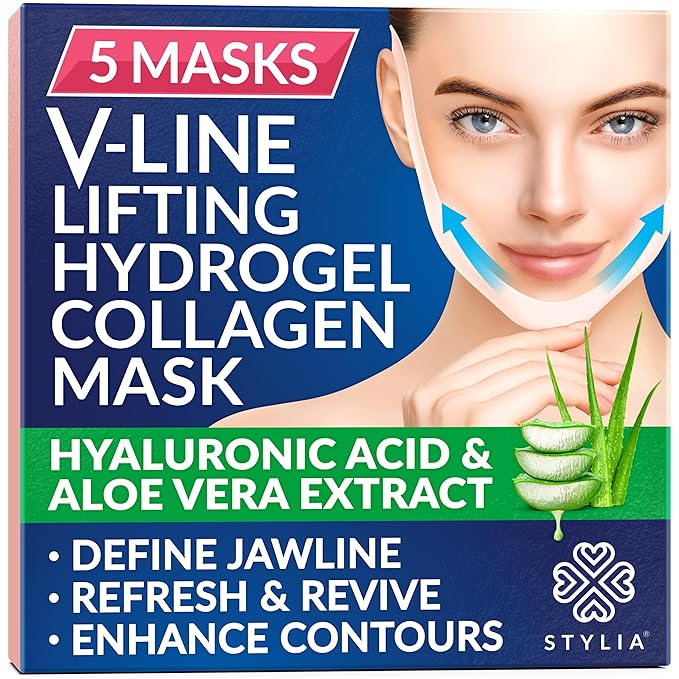 Stylia V Line Lifting Collagen Face Mask - Double Chin Strap for Women - Jawline Shaper Face Lift Tape - Neck Lift Collagen Mask - Chin Strap for Sleeping - Hyaluronic Acid, Aloe Vera, Cica 5PC-Velvo Beauty
