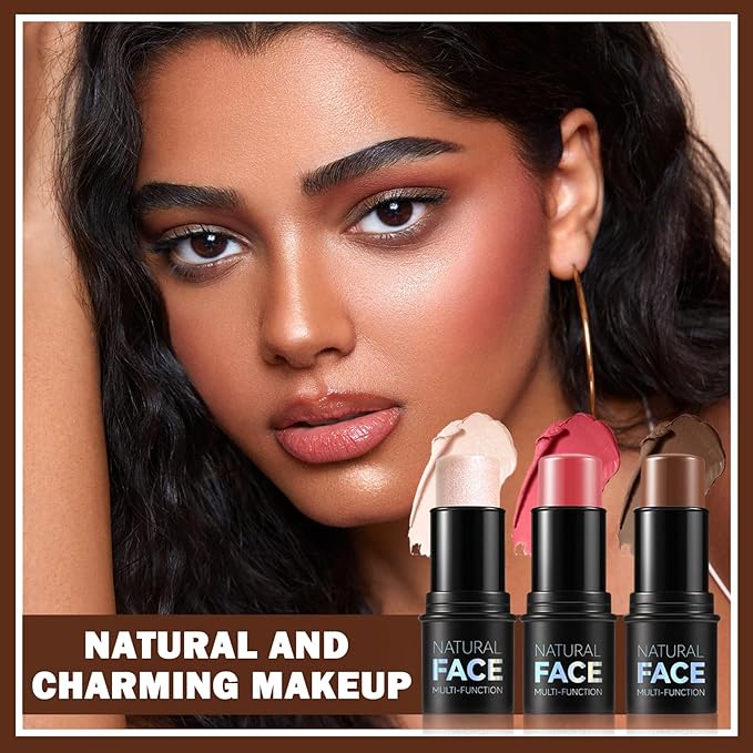 3PCS Cream Contour Stick Makeup Kit Face Highlighter Bronzer Blush Stick Long Lasting Illuminator Highlighters Makeup Stick for All Skin Tones(02 Champagne Gold+05 Rugosa Rose+06 Espresso)-Velvo Beauty