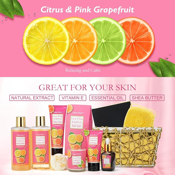 Bath & Body Gift Set, Luxury Home Spa Bath Gift Basket Citrus & Pink Grapefruit Spa Kit Gift Woman, 11 Pcs Self Care Kit Gifts With Bubble Bath, Massage Oil, Bath Brush, Birthday Gifts for Women-Velvo Beauty