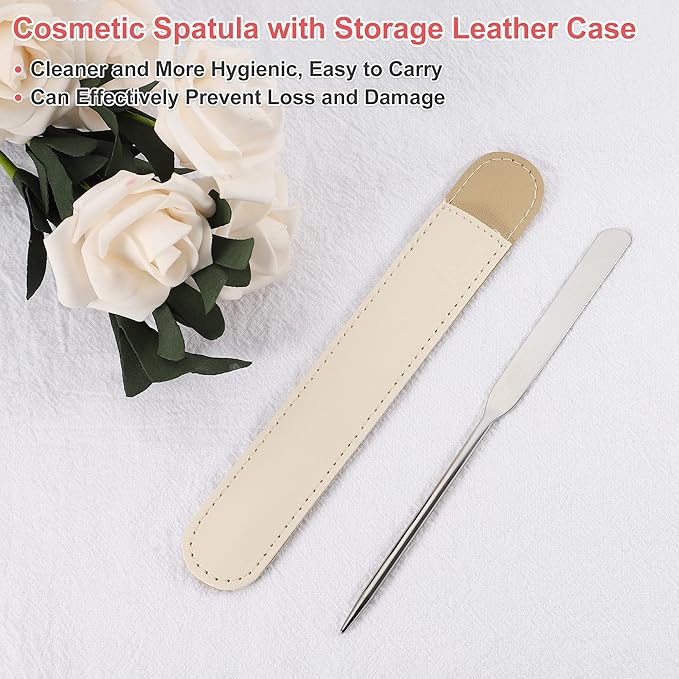 VOCOSTE 1 Set Stainless Steel Makeup Spatula, Liquid Foundation Spatula Tool with Faux Leather Case, Lipstick Nail Polish Mixing Palette Spatula, Beige-Velvo Beauty