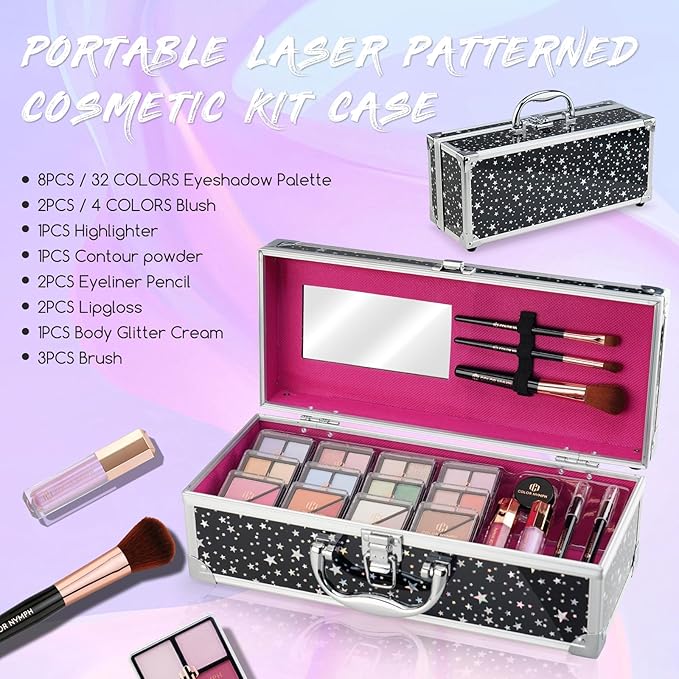 Color Nymph Beginners Makeup Kit With Train Case For Teenagers Girls, Full Starter Cosmetics Set Included 32 Colors Eyeshadow, Glitter Cream, Blush, Highlighter, Lip Gloss and Brush (Black)-Velvo Beauty