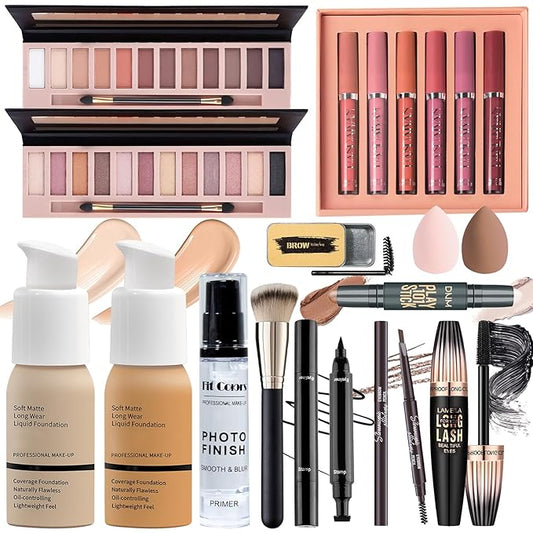 Full Makeup Set Kit for Women Girls Teens, Makeup Present Set, Foundation Face Primer, Eyeshadow Eyeliner Eyebrow Pencil Soap Mascara, Counter Stick Liquid Lipsticks, Brush & Sponges-Velvo Beauty