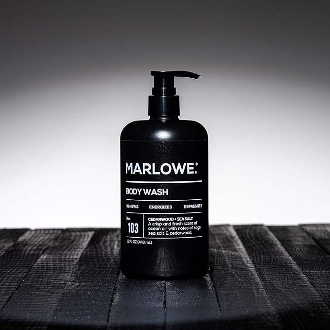 MARLOWE. No. 103 Body Wash 15 oz Pump, Cedarwood + Sea Salt, Energizing & Refreshing Shower Gel, Willow Bark & Green Tea Extracts, Cleanses, Moisturizes, Smooths & Nourishes, Fresh & Zesty Scent-Velvo Beauty