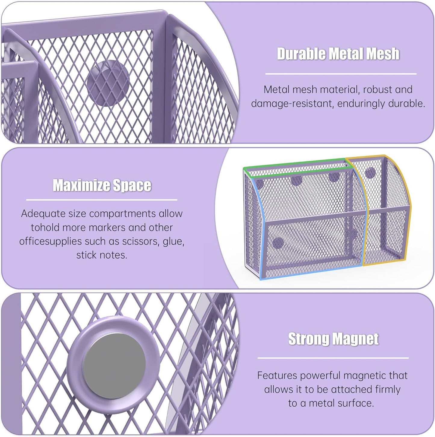 YINGHUA Strong Magnetic Pen Holder for Whiteboard and Refrigerator 3 Compartments Metal Mesh Organizer Space Saving Shelf for Office School Home and Locker - Purple-Velvo Beauty