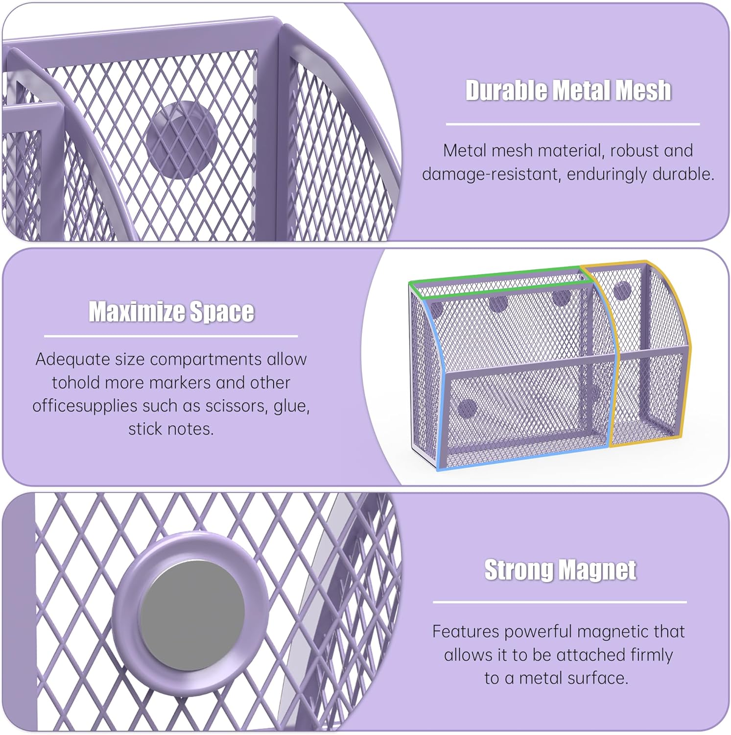 YINGHUA Strong Magnetic Pen Holder for Whiteboard and Refrigerator 3 Compartments Metal Mesh Organizer Space Saving Shelf for Office School Home and Locker - Purple-Velvo Beauty
