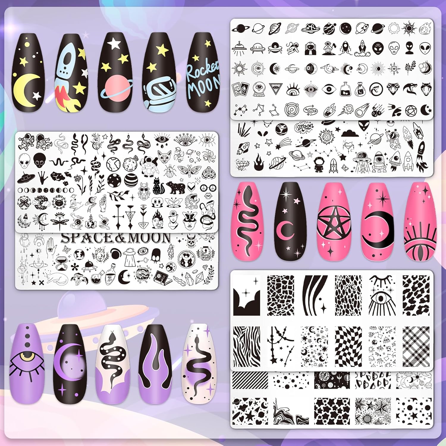 Whaline 6Pcs Outer Space Nail Plates Stamping Set Rocket Moon Planet Astronaut Stamp Templates Nail Art Plates for DIY Print Manicure Salon Design-Velvo Beauty