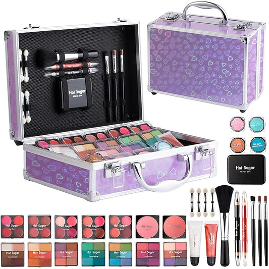 Hot Sugar Makeup Kit for Teenager Girls - Full Starter Cosmetics Set with Eye Shadow Lip Balm Blush Lip Gloss Brush Lip Pencil Eye Pencil and Mirror (Purple Love)-Velvo Beauty