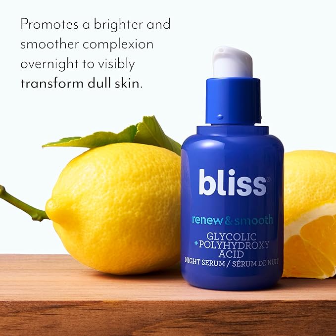 Bliss Glycolic + Polyhydroxy Acid Renew & Smooth - Night Serum - Gently Exfoliate Skin - Hydrating Squalane - Vegan & Cruelty-Free - 1 Fl Oz-Velvo Beauty