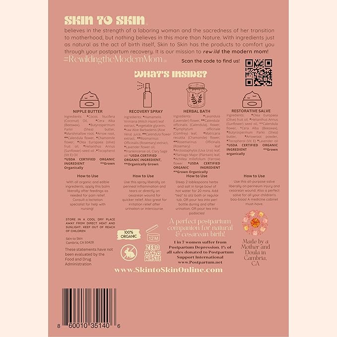 Skin to Skin Postpartum Kit-4 Piece Set in Cosmetic Bag - Postpartum Recovery - Includes: Herbal Bath, Recovery Spray, Restorative Salve, and Nipple Butter - Postpartum Care Kit - After Birth Care Kit-Velvo Beauty