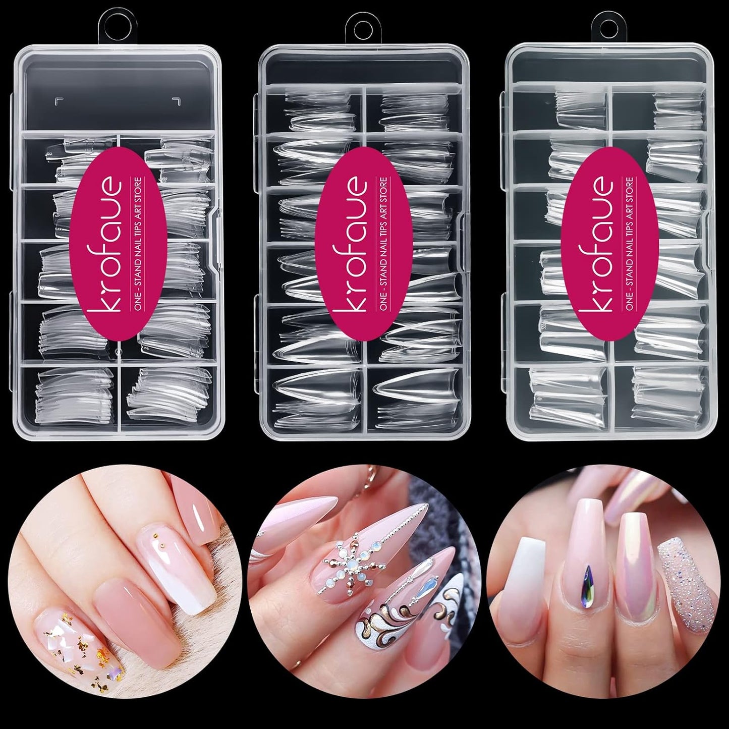 krofaue 3 Styles False Nail Tips Kit,340PCS Clear Coffin French Stiletto Nail Tips Half Cover Acrylic Artificial Press on Nails for Nail Extension Soft Gel Tips Art DIY-Velvo Beauty