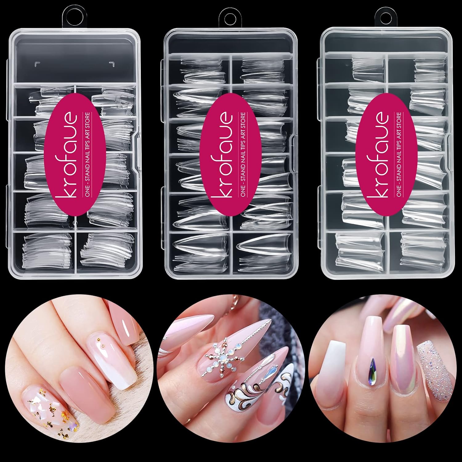 krofaue 3 Styles False Nail Tips Kit,340PCS Clear Coffin French Stiletto Nail Tips Half Cover Acrylic Artificial Press on Nails for Nail Extension Soft Gel Tips Art DIY-Velvo Beauty