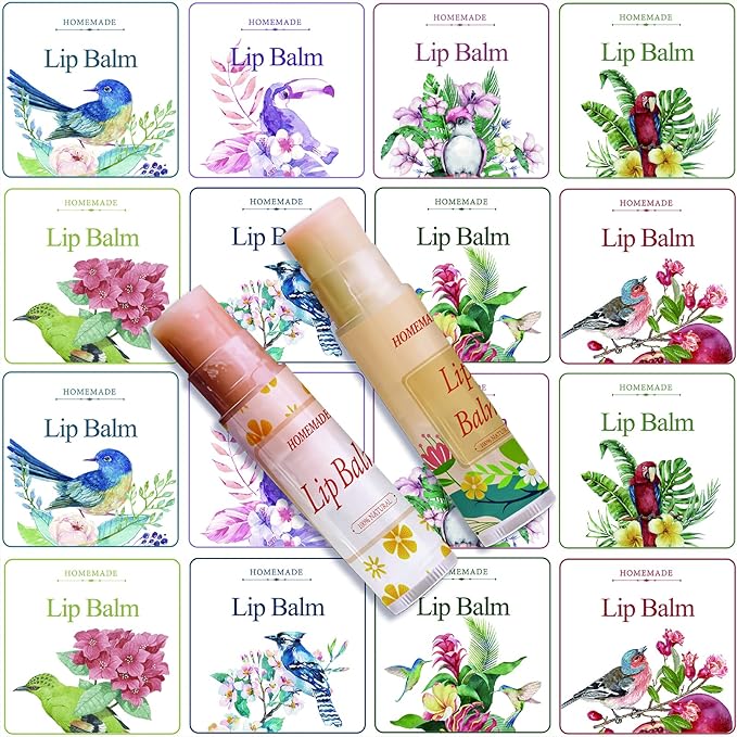 CRASPIRE Lip Balm Labels 80pcs Homemade Lip Balm Labels 2” Clear Lip Balm Labels for Tubes Printable Waterproof Lip Balm Stickers Labels for Lip Balm Handcream Candle Container（Flowers and Birds）-Velvo Beauty