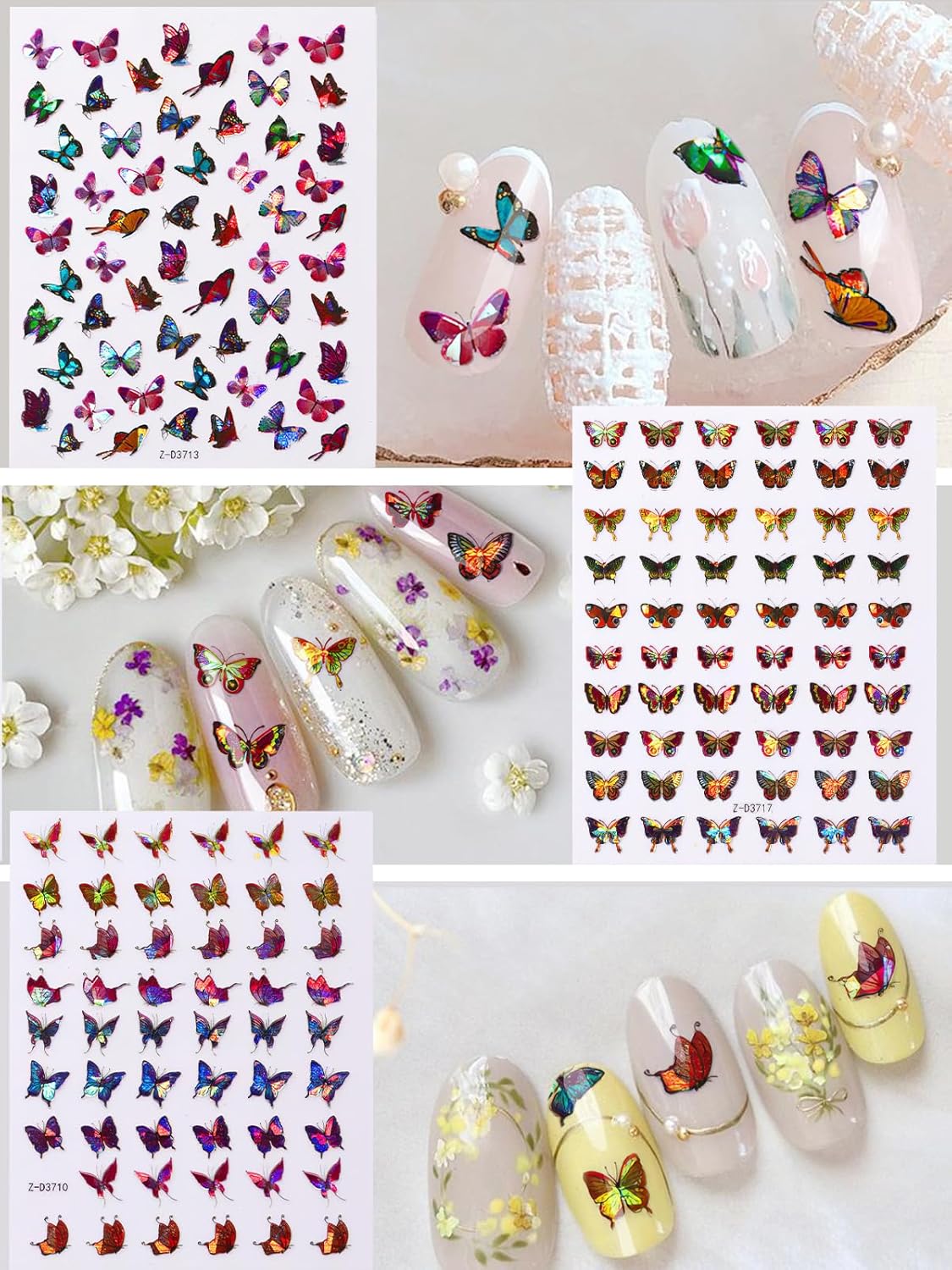 TOROKOM 12 Sheets Butterfly Nail Art Stickers, 3D Self-Adhesive Nail Decals with Colorful Laser Butterflies Designs for DIY Manicure Decor-Velvo Beauty