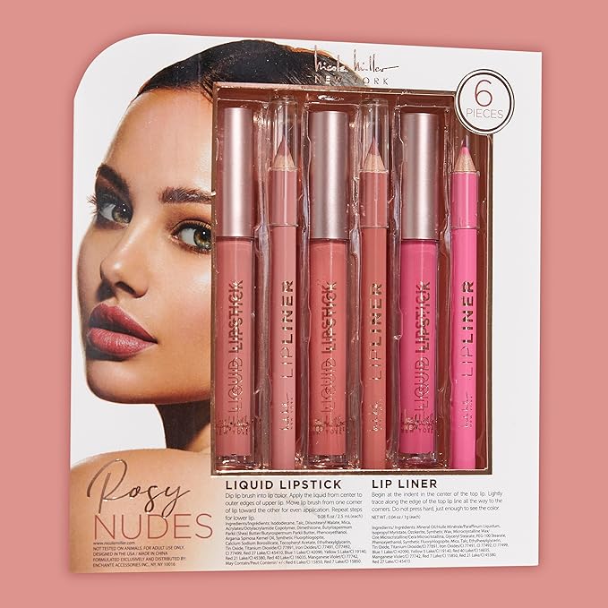 Nicole Miller Rosy Nudes Lip Collection | 6 Piece Set | 3 Luxurious Lip Liners & 3 Liquid Lip Sticks in Light Rose, Rosy Mauve, and Deep Peach-Velvo Beauty
