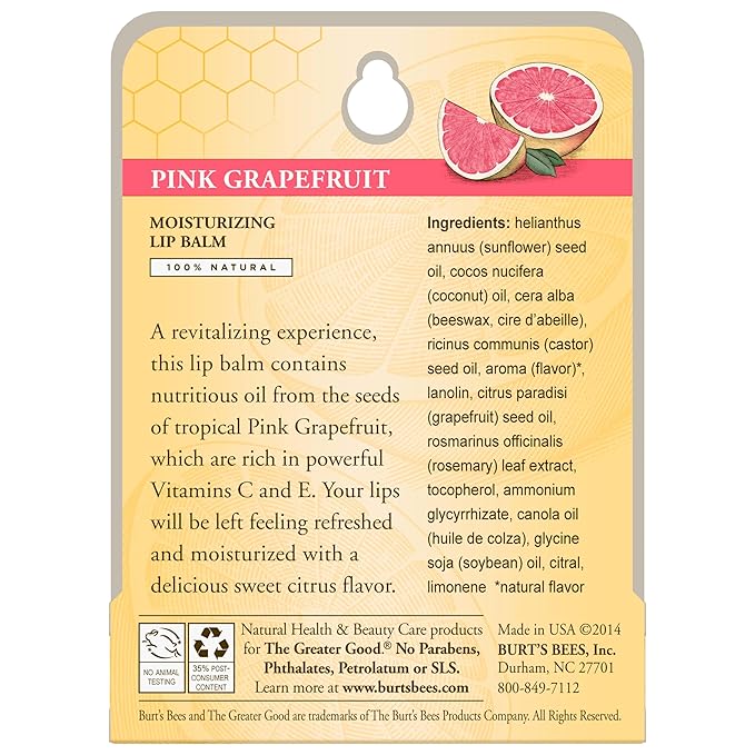 Burt's Bees 100% Natural Moisturizing Lip Balm, Pink Grapefruit with Beeswax & Fruit Extracts, 1 Tube-Velvo Beauty