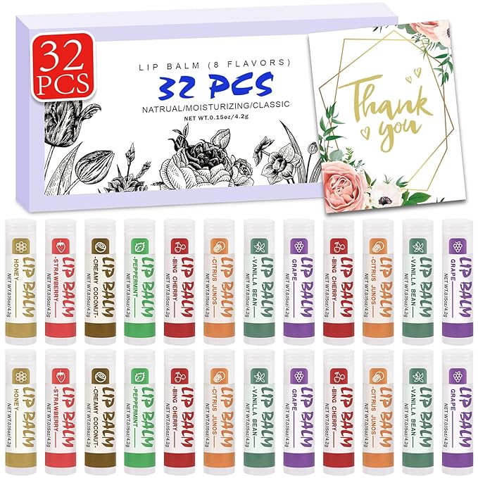 32 Pack Lip Balm, Natural Lip Balm Bulk with Vitamin E and Coconut Oil, Moisturizing Lip Balm for Stocking Stuffers - 8 Flavors-Velvo Beauty