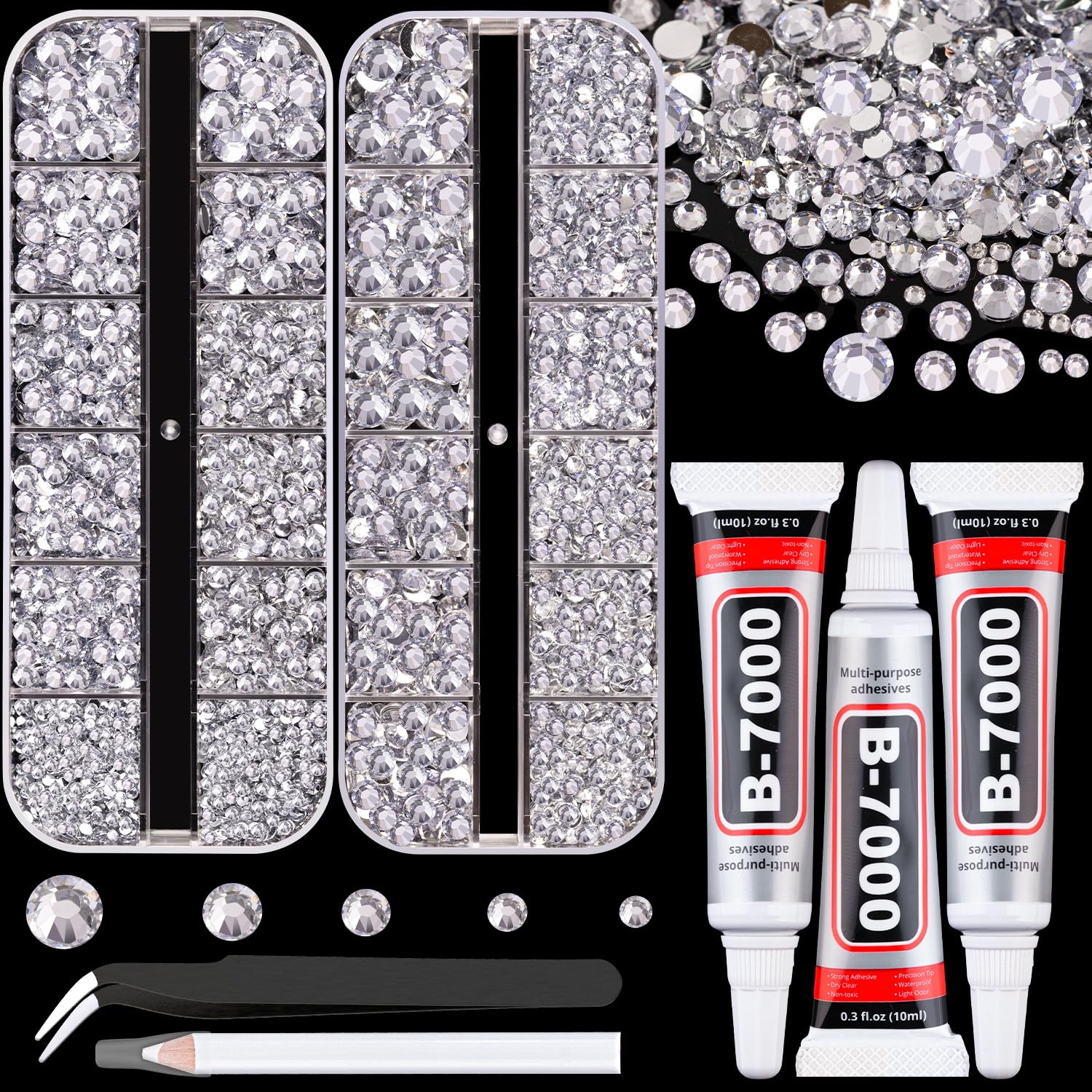 Resin Rhinestones for Crafting with B7000 Jewelry Glue, 2 Boxes Silver Clear Flatback Crystals with 3Pcs 10ml Glue for Bedazzling Crafts DIY Nail Art Makeup，Gems for Clothing Shoes-Velvo Beauty